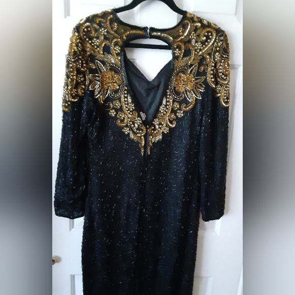 Vintage 1980's Scala Beaded Sequin Black and Gold Long Sleeve Maxi Dress Size PM - Picture 2 of 6